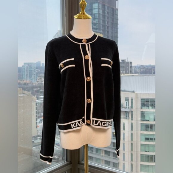 🆕 KARL LAGERFELD 🧿 NWT Classic Cardigan with Logo Embroidery & Buttons, Sz L - Picture 4 of 14